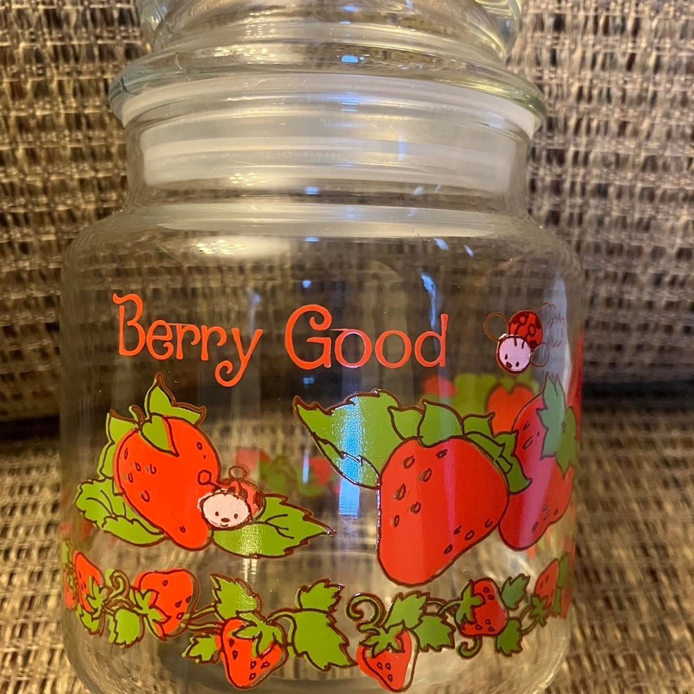 Vintage Berry Good Strawberry Glass Jar with Lid Ladybug Cottagecore Canister